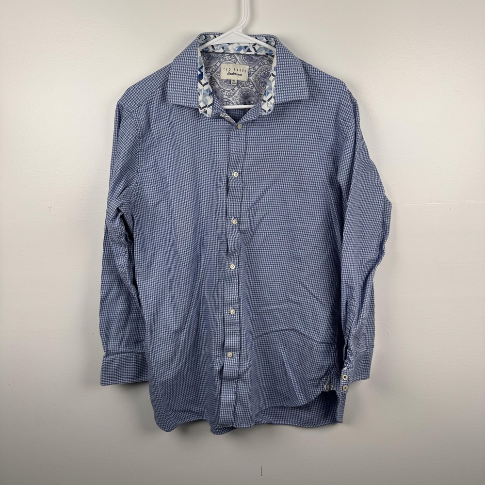 Ted Baker Endurance Mens 16.5 Houndstooth Button Up Dress Shirt Blue RC8M GA22